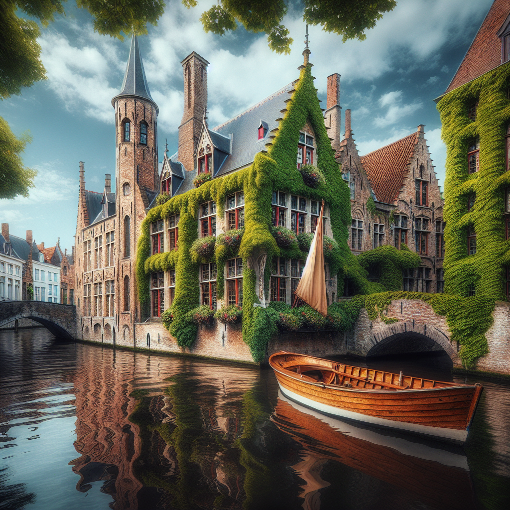 Scenic view of Bruges canals and medieval buildings